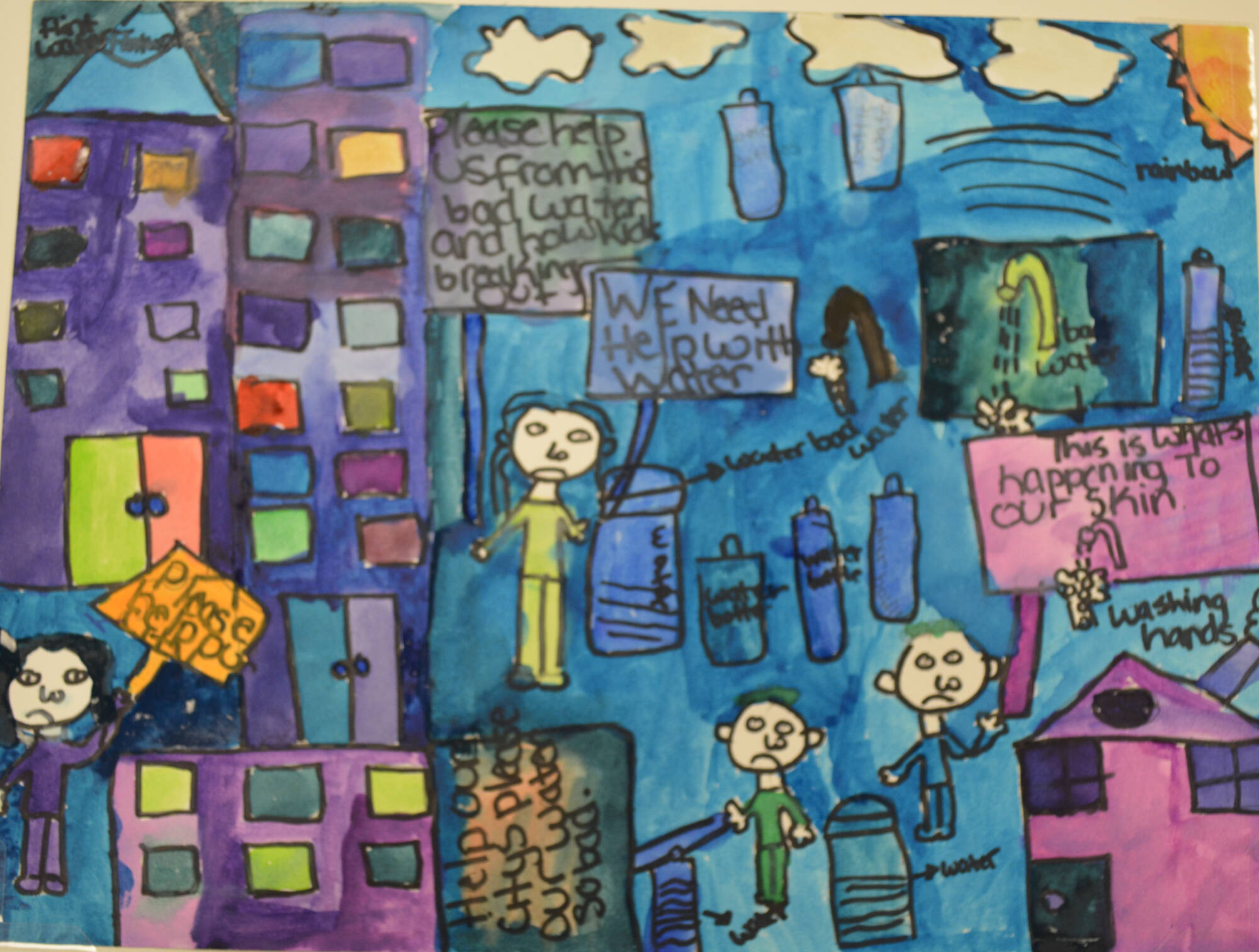 Child's drawing and watercolor of kids with signs surrounded by city buildings.